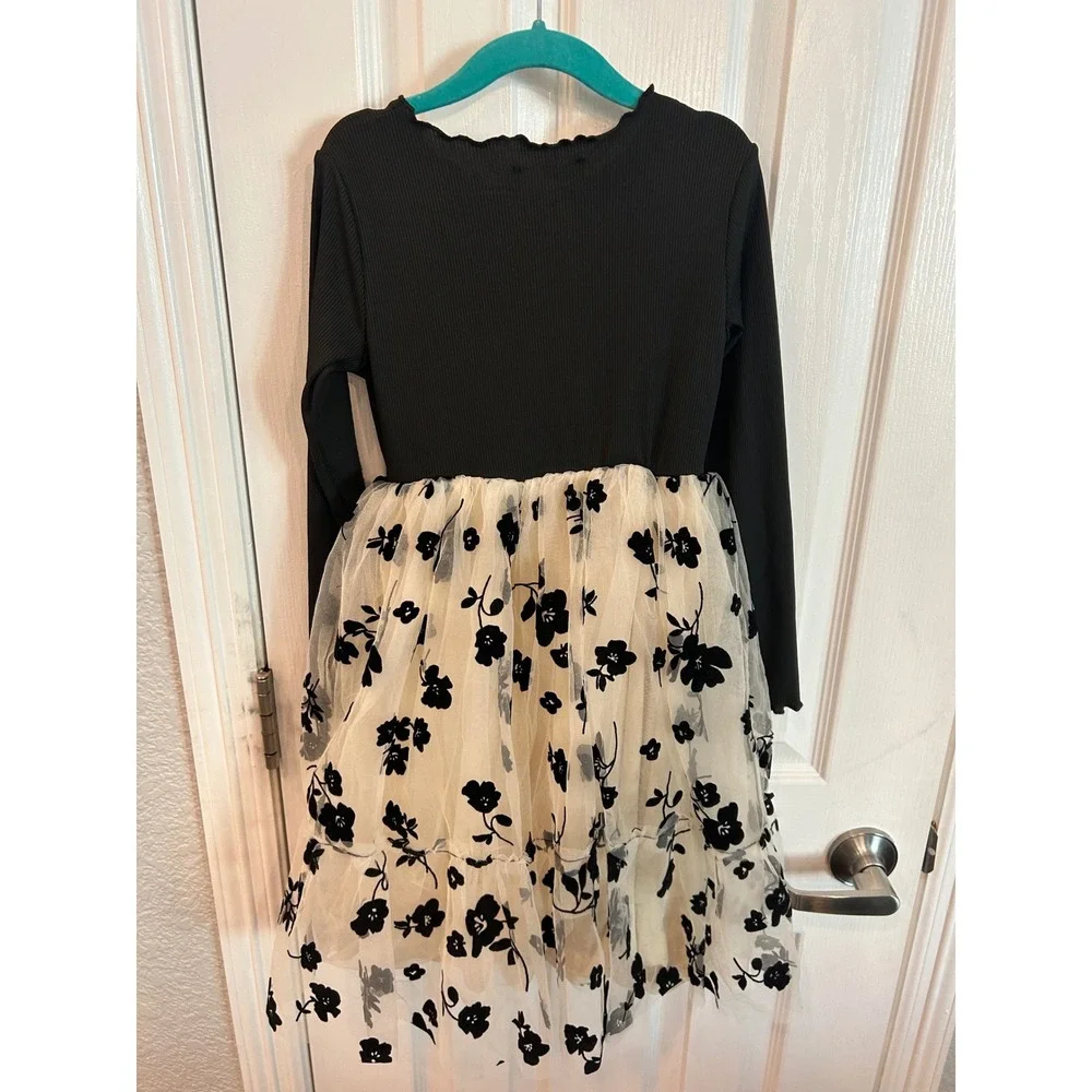 Arshiner Dress Black Ribbed Long Sleeve Floral Tulle Skirt Party Kids Size 6